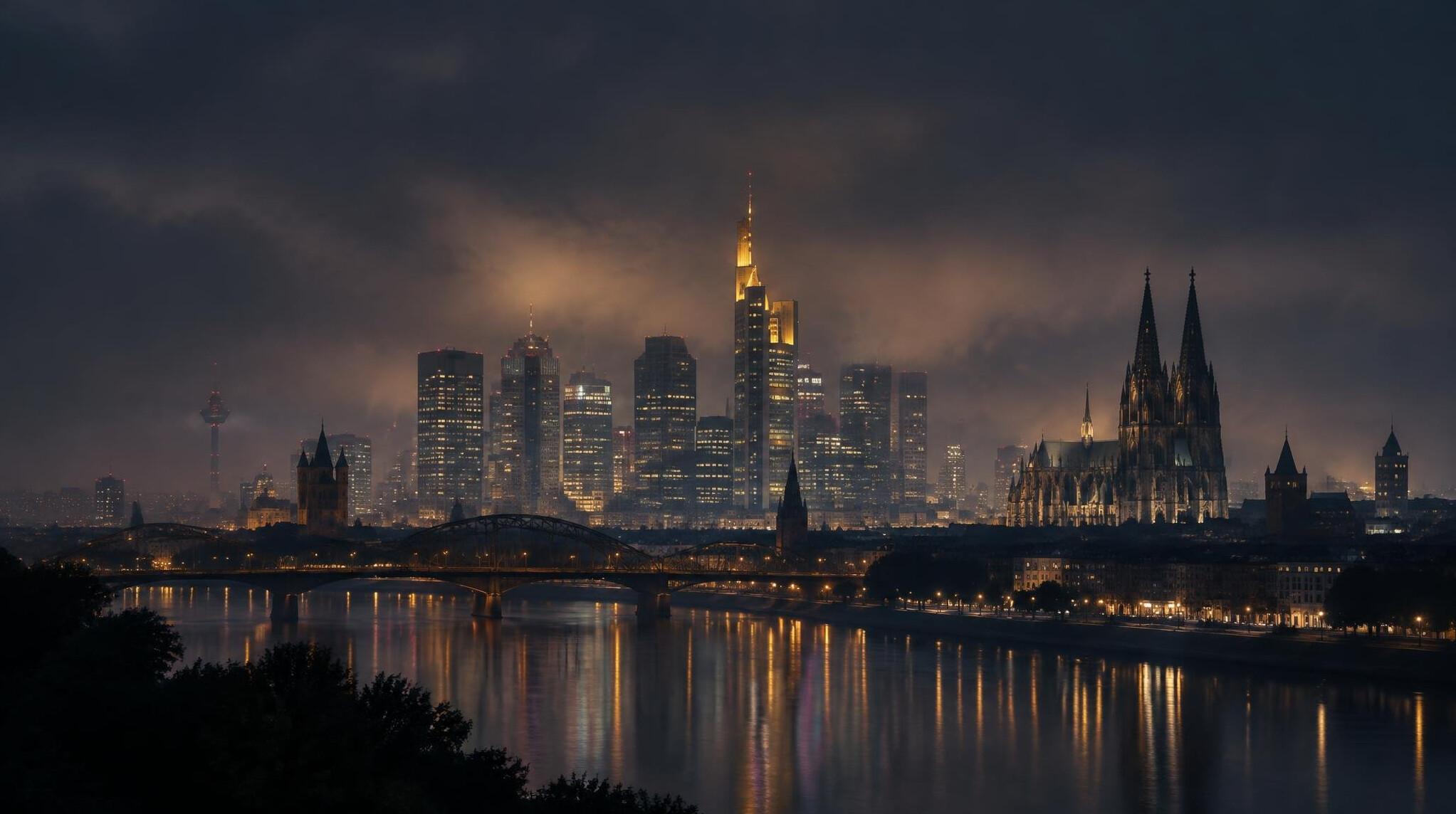 City skyline at night with glowing windows