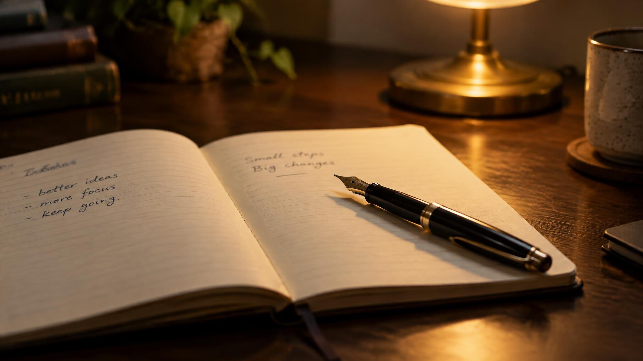 Notebook and pen on a desk with warm light