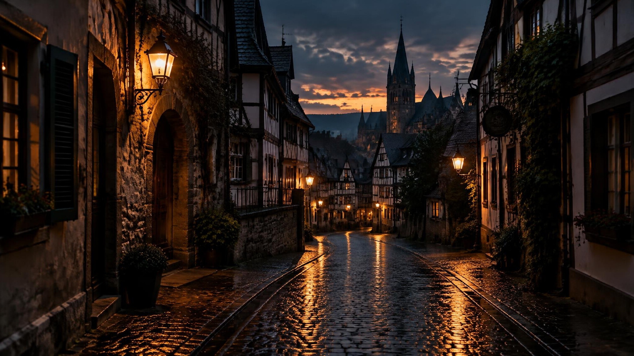 Narrow European city street at dusk with wet cobblestones
