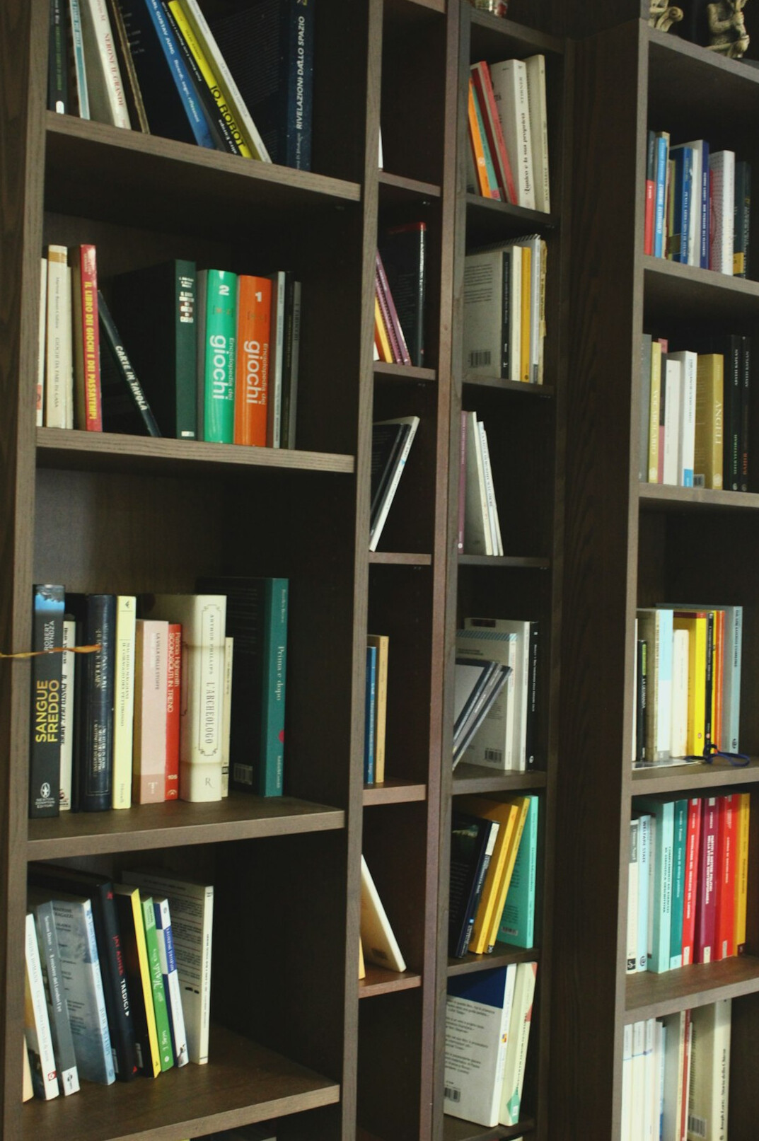 Quiet library with tall wooden bookshelves